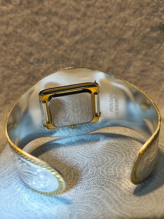 Montana Silversmiths Cuff Watch Silver Flower Filigree Gold New Bat Mint !! +Box main image 4